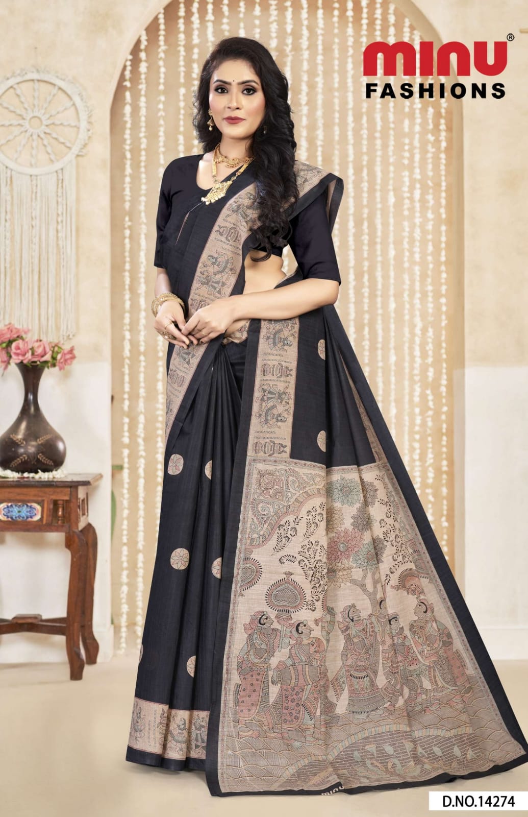 Premium Malai Cotton Madhubani Kantha Saree in Black 1
