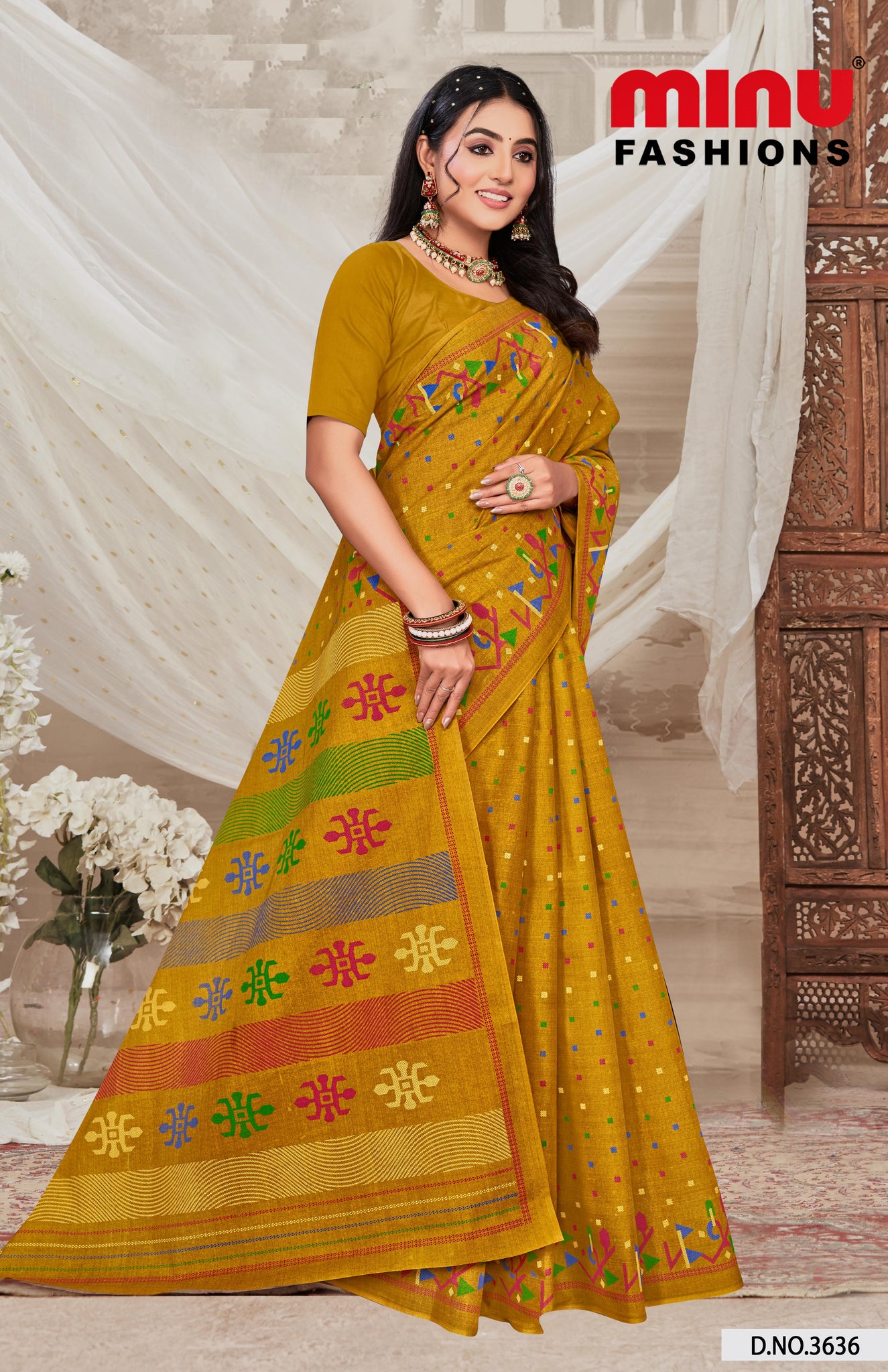 Premium Malai Cotton Meenakari Saree in Deep Yellow