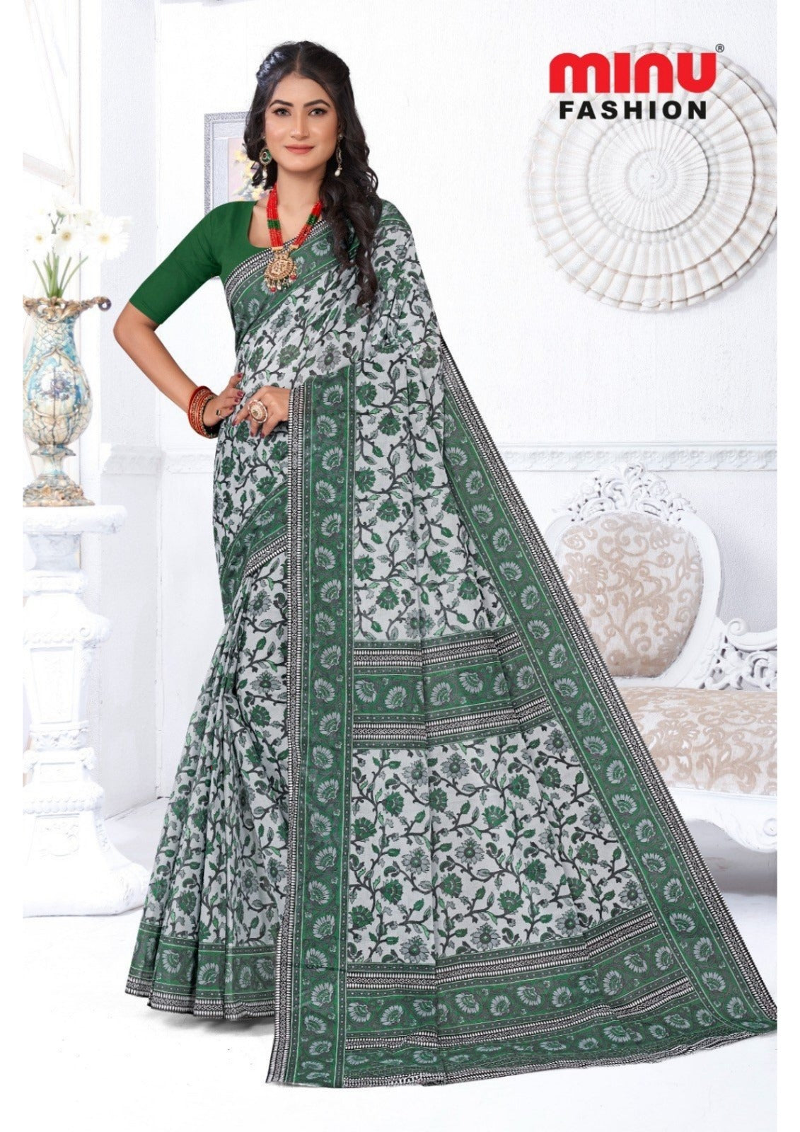 Primium Cotton Printed Minu Kalamkari saree in Green