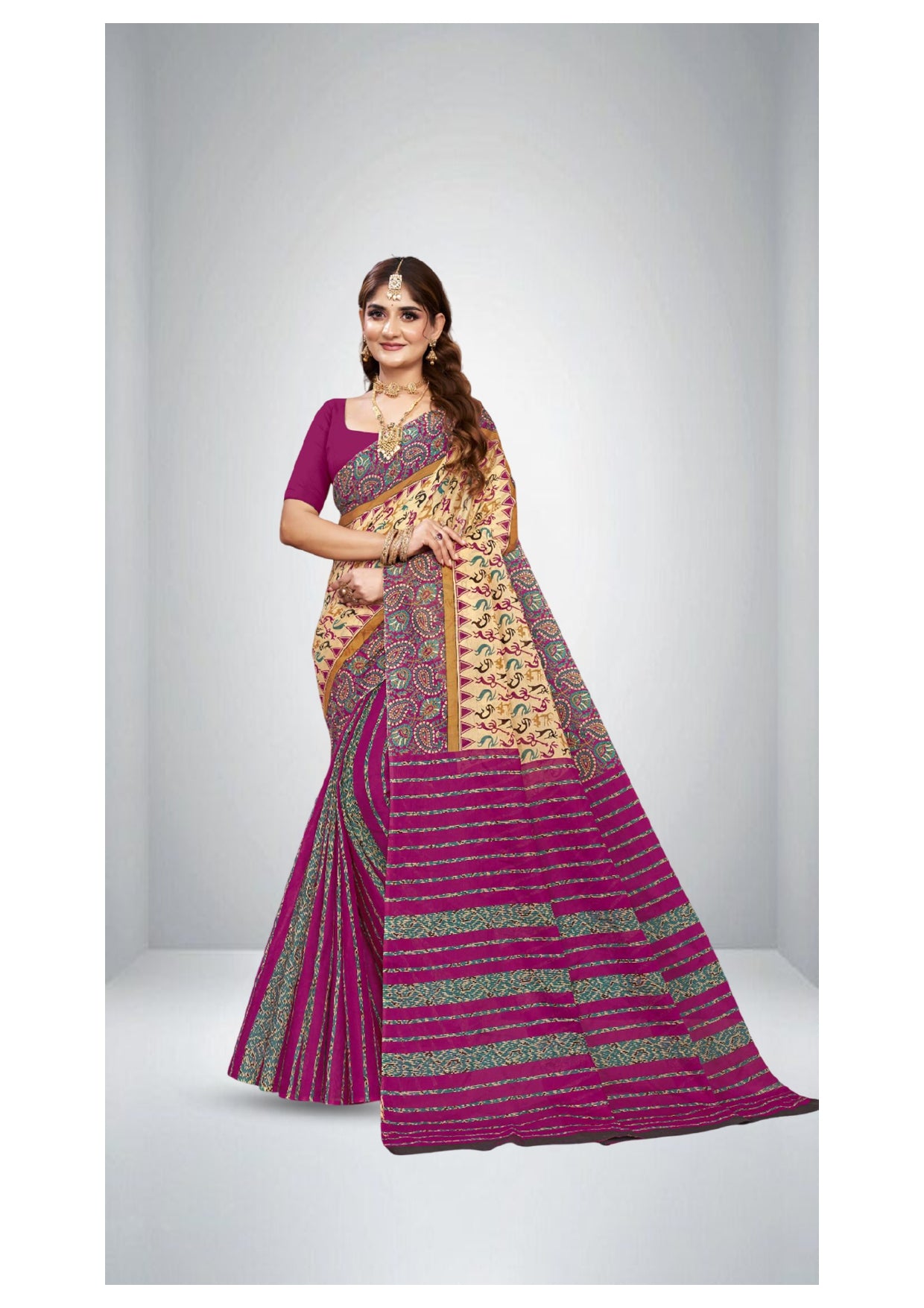 Primium Cotton Printed Sonajhuri saree in Beige 1