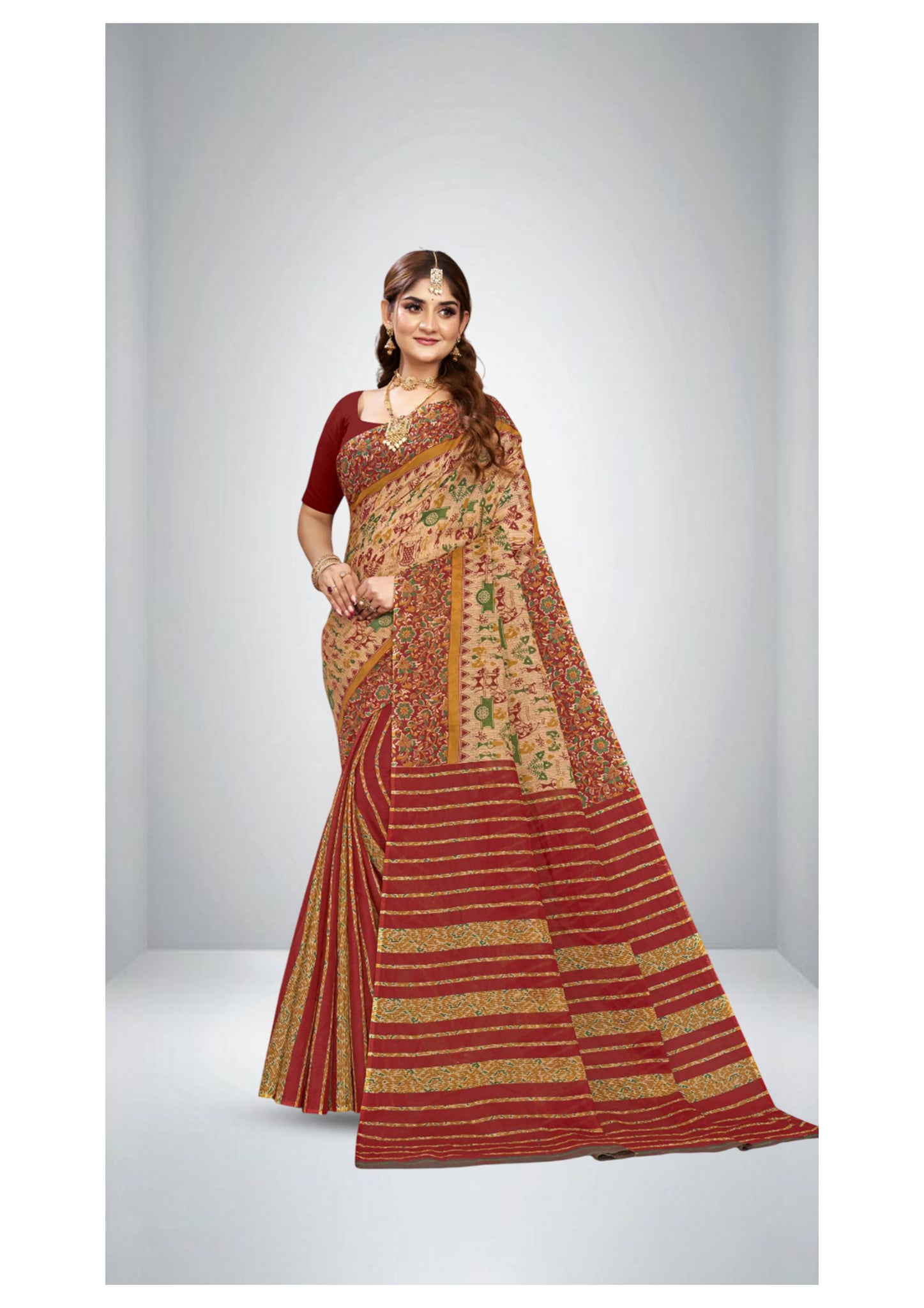 Primium Cotton Printed Sonajhuri saree in Brown