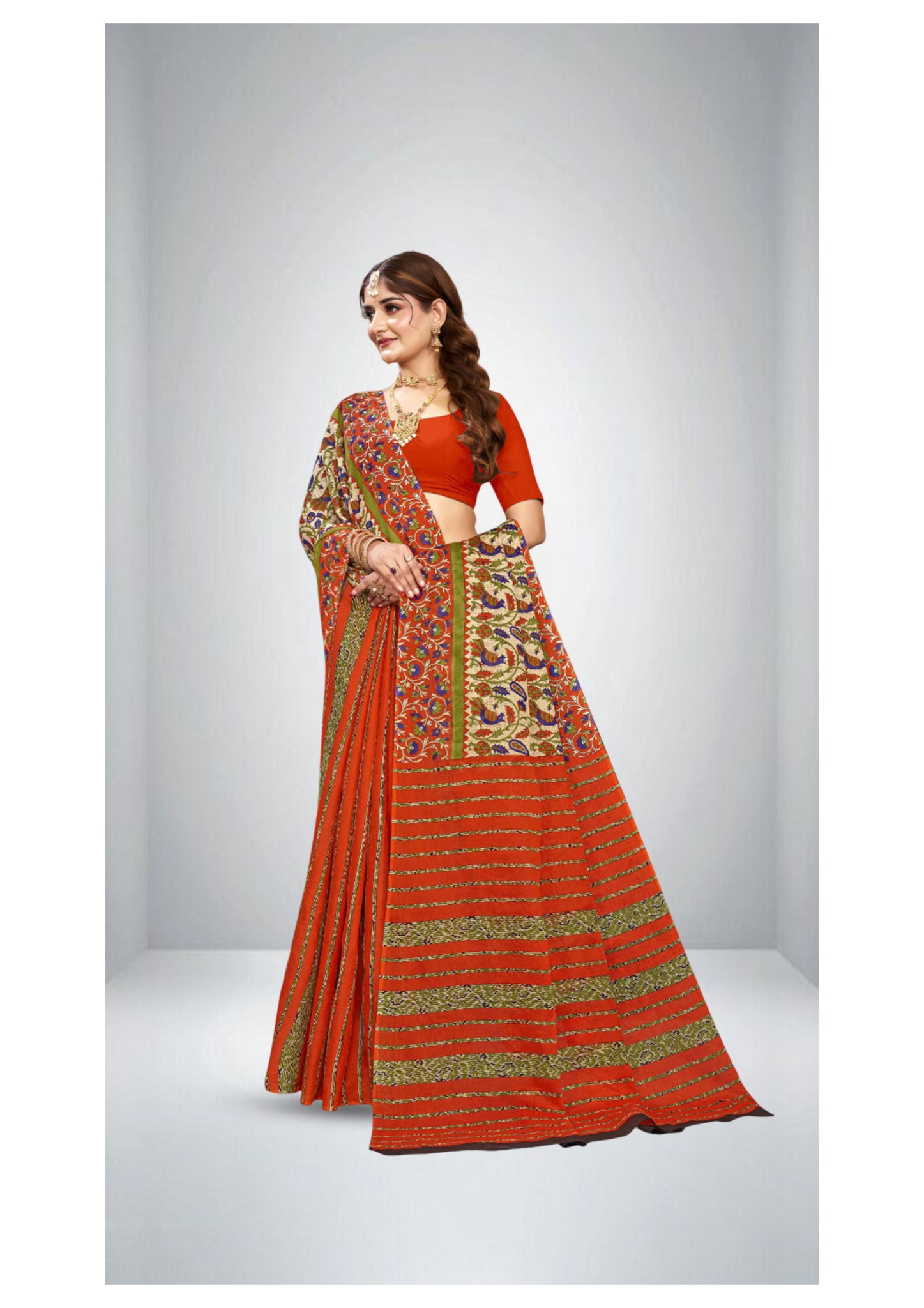 Primium Cotton Printed Sonajhuri saree in Deep Orange