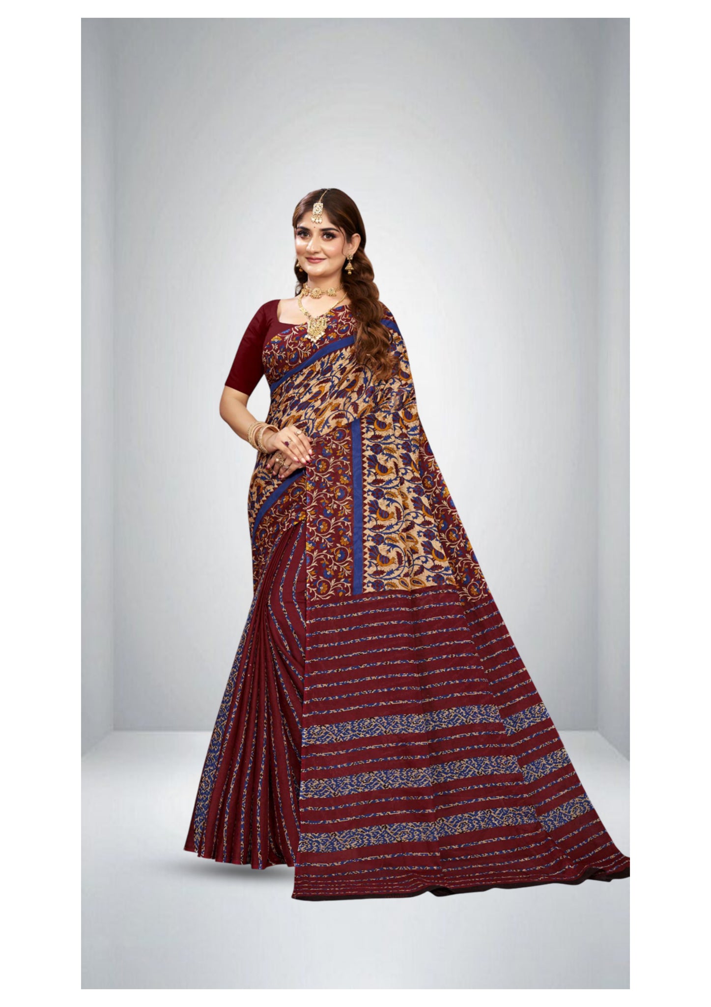 Primium Cotton Printed Sonajhuri saree in Maroon 1