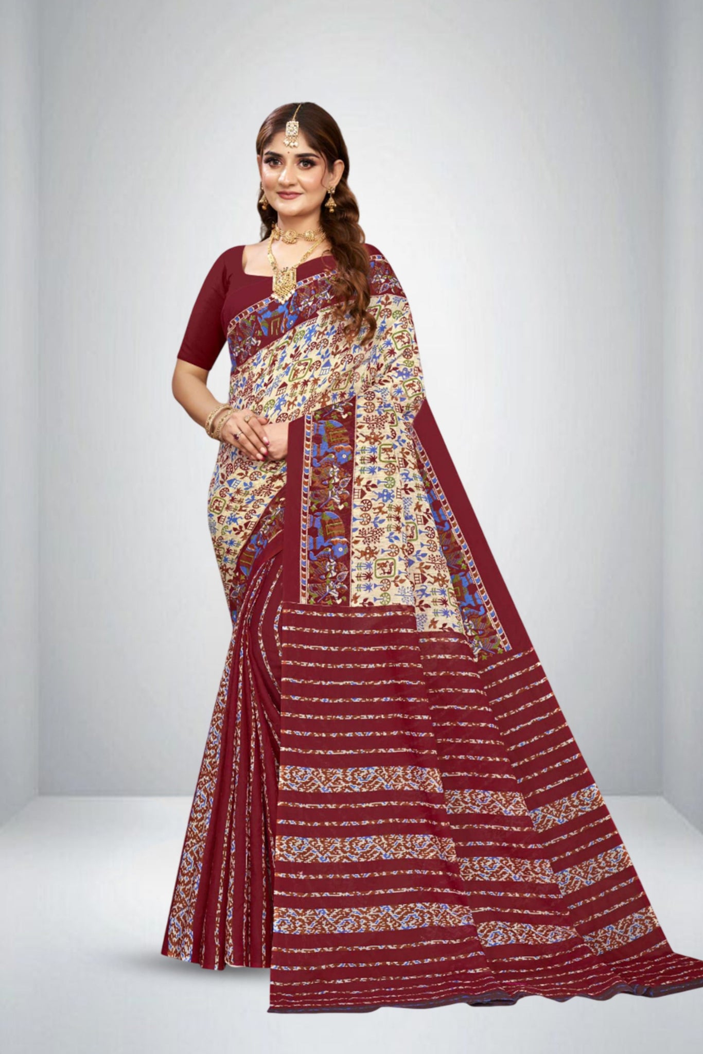 Primium Cotton Printed Sonajhuri saree in Maroon 2