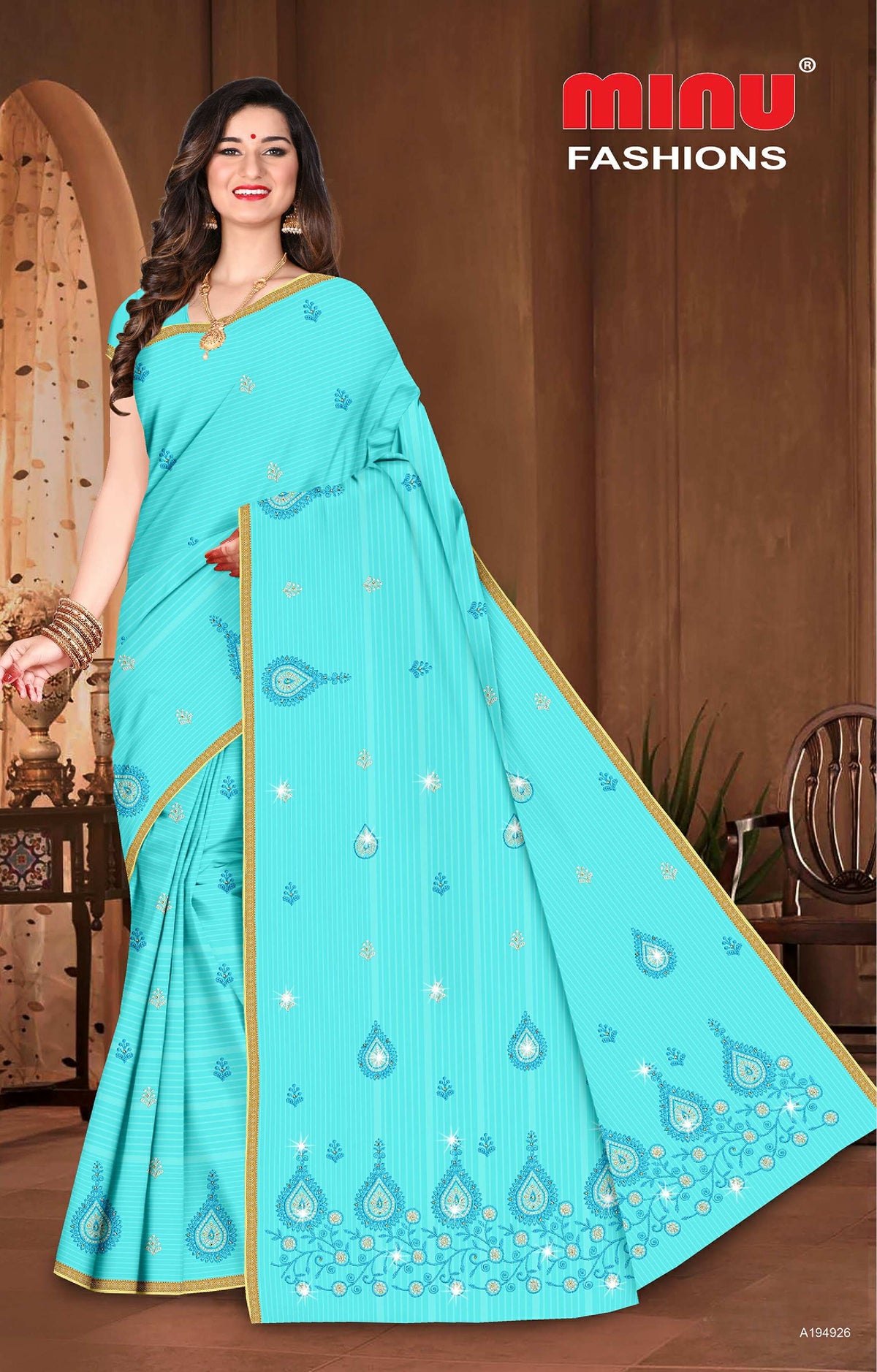 Pure Cotton Blue 24 Carat Embroidery Cotton Saree