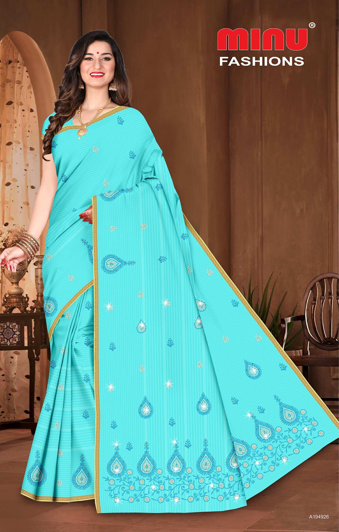 Pure Cotton Blue 24 Carat Embroidery Cotton Saree
