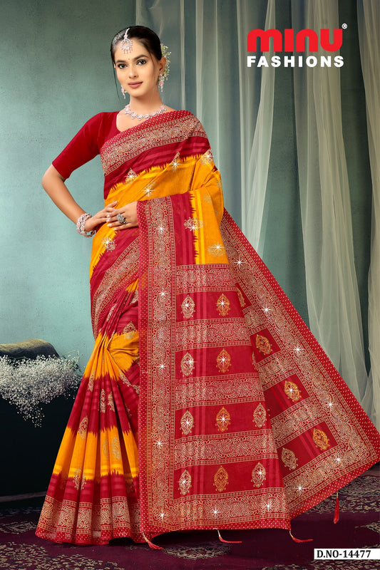 Pure Cotton Bright Orange Crown Jewel Color Embroidery Saree