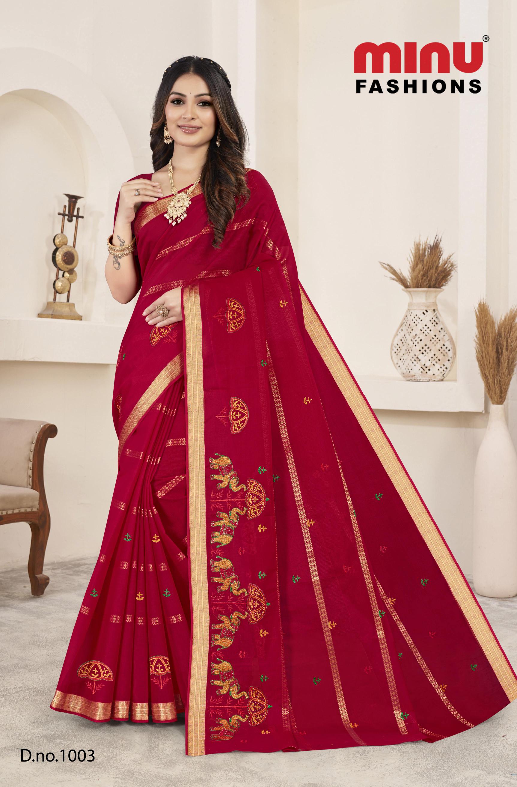 Pure Cotton Cherry Red 24 Carat Embroidery Cotton Saree