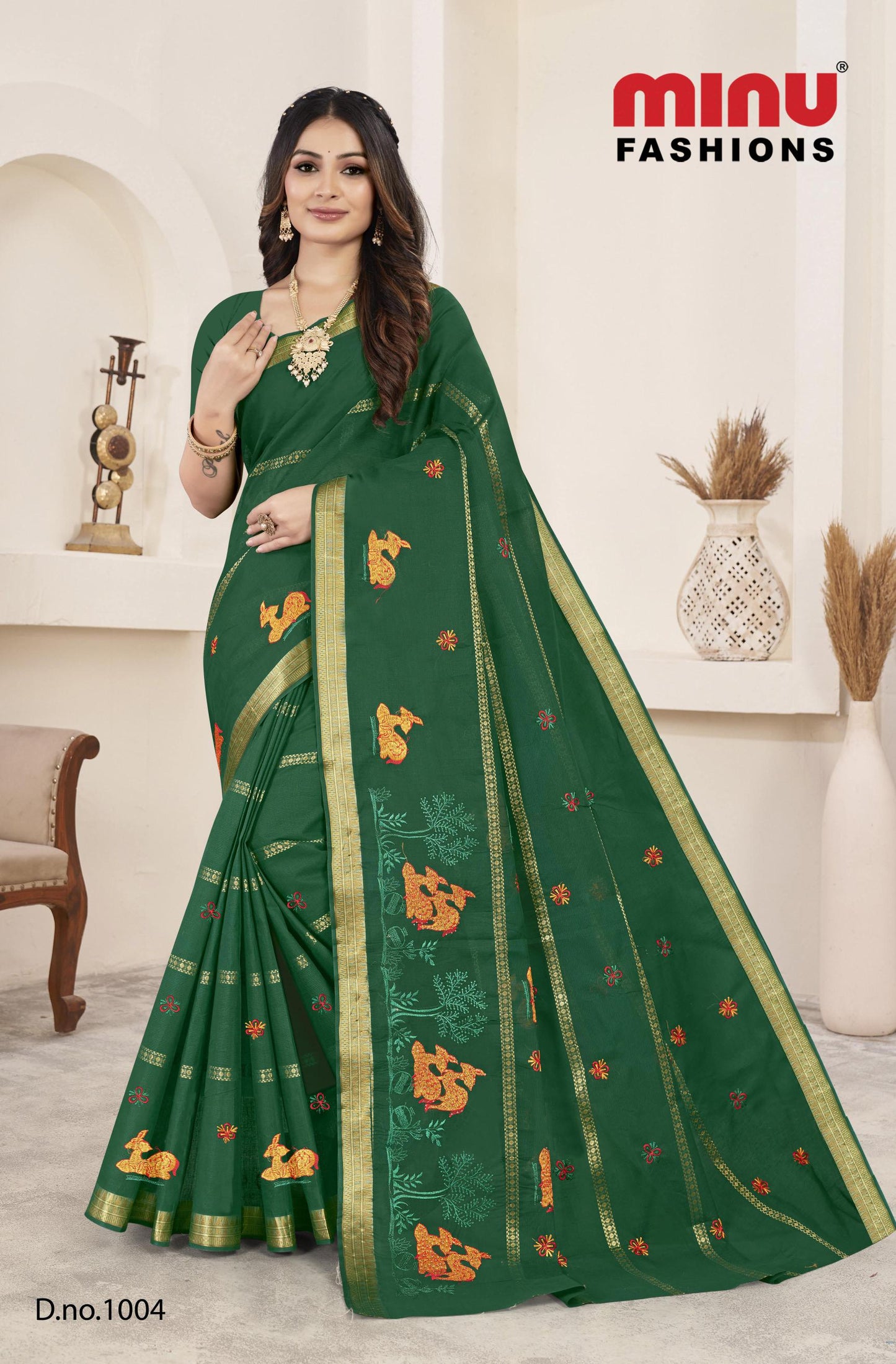 Pure Cotton Green 24 Carat Embroidery Cotton Saree