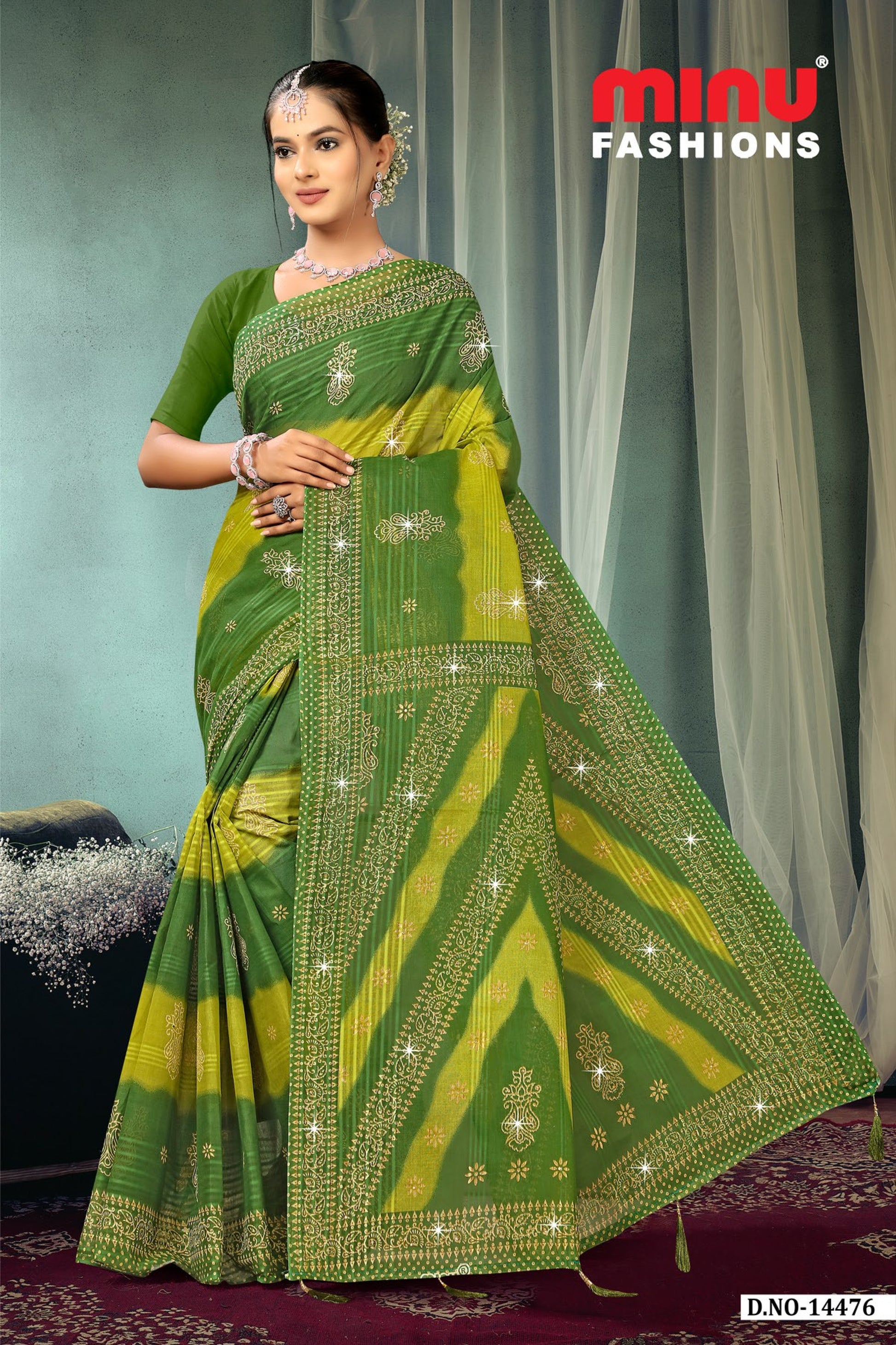 Pure Cotton Green Crown Jewel Color Embroidery Saree