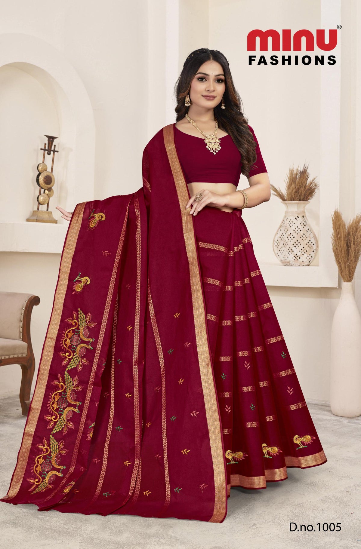 Pure Cotton Maroon 24 Carat Embroidery Cotton Saree