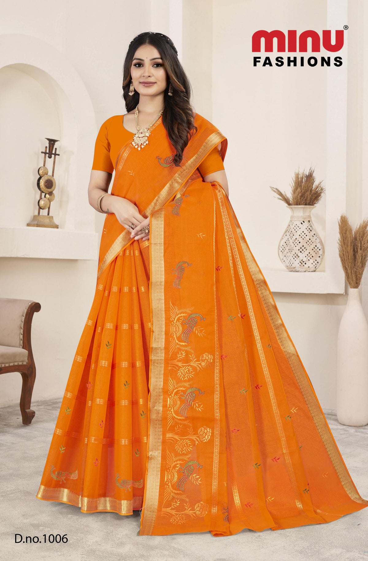Pure Cotton Orange 24 Carat Embroidery Saree