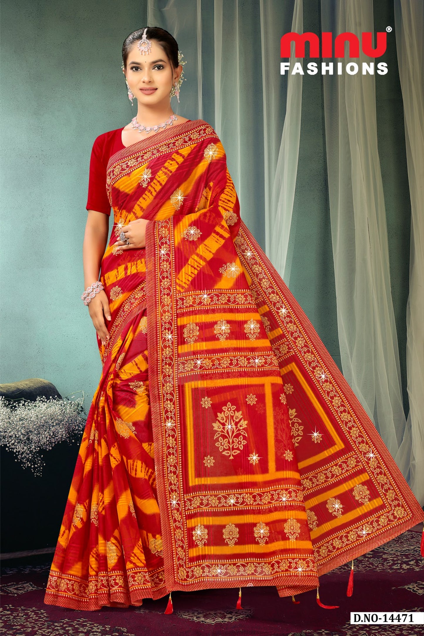 Pure Cotton Orange Crown Jewel Color Embroidery Saree
