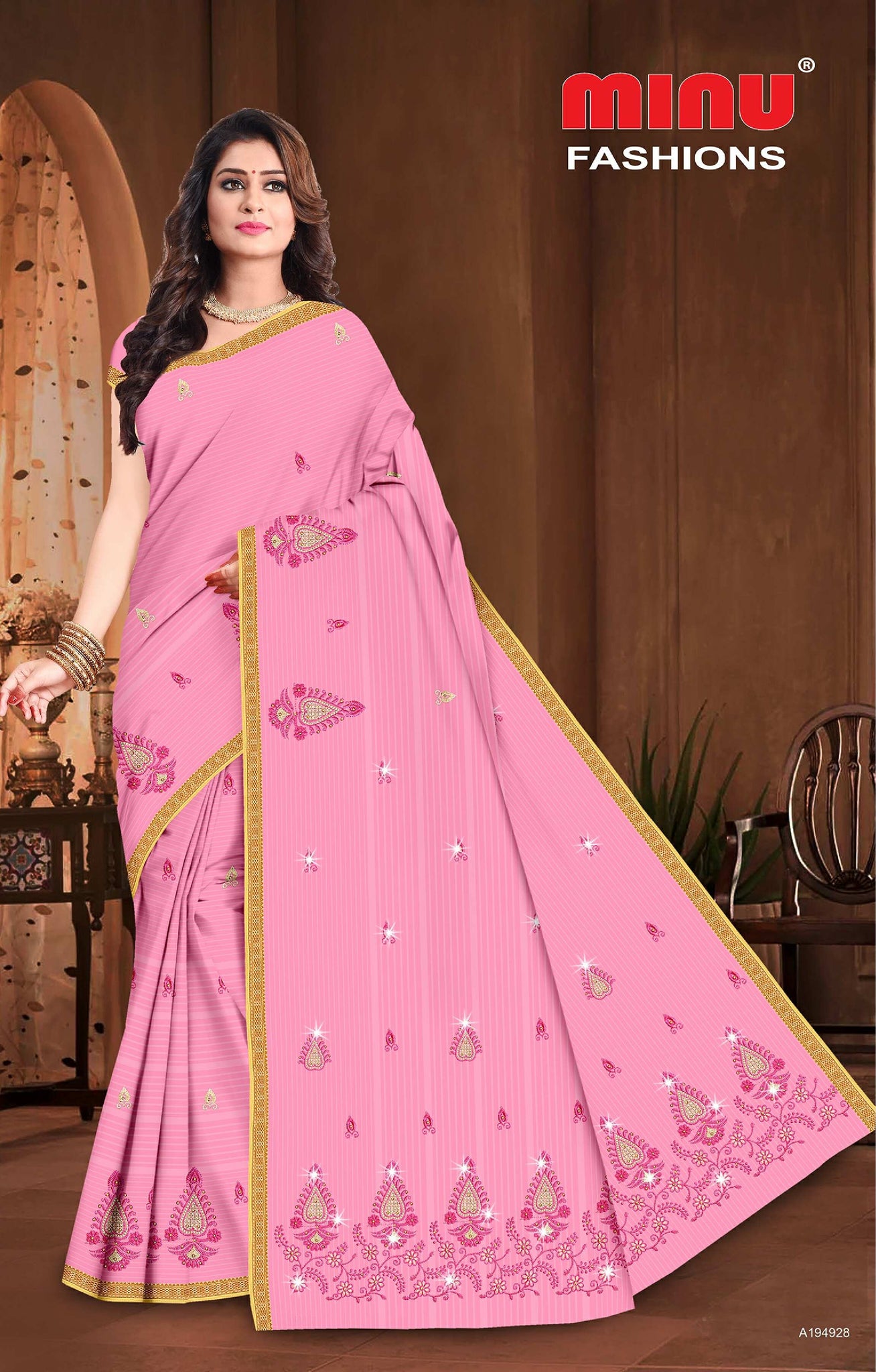 Pure Cotton Pink 24 Carat Embroidery Cotton Saree