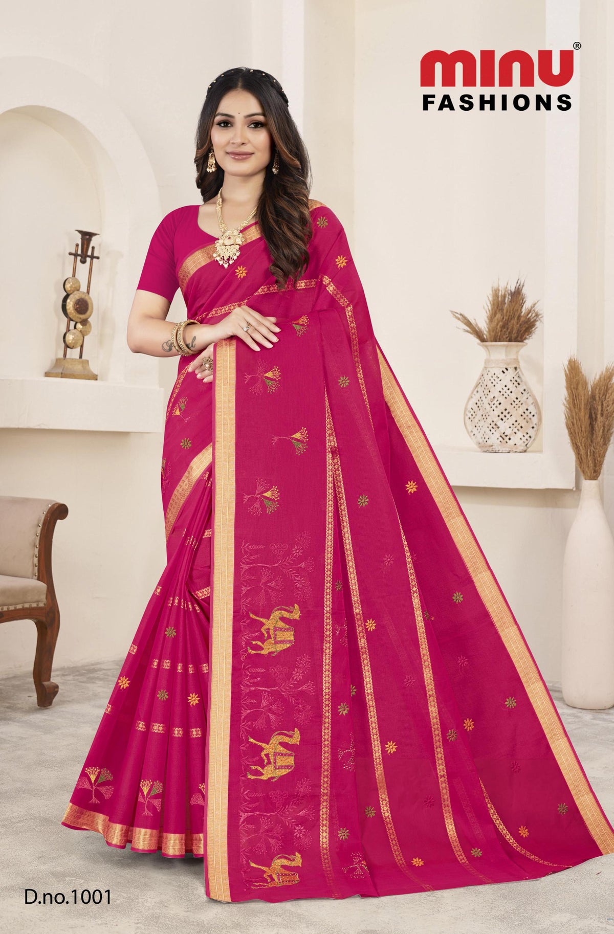 Pure Cotton Pink 24 Carat Embroidery Saree