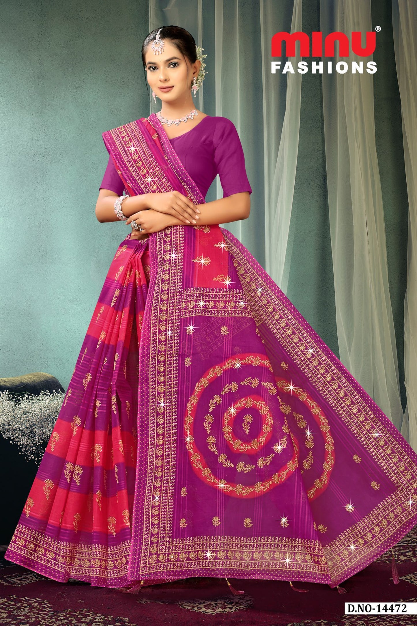 Pure Cotton Purple Crown Jewel Color Embroidery Saree