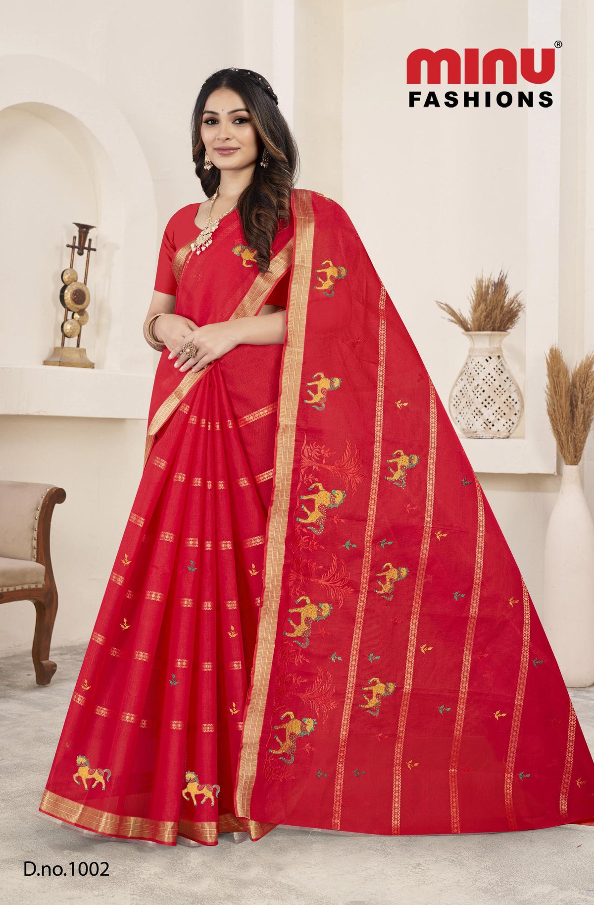 Pure Cotton Red 24 Carat Embroidery Saree
