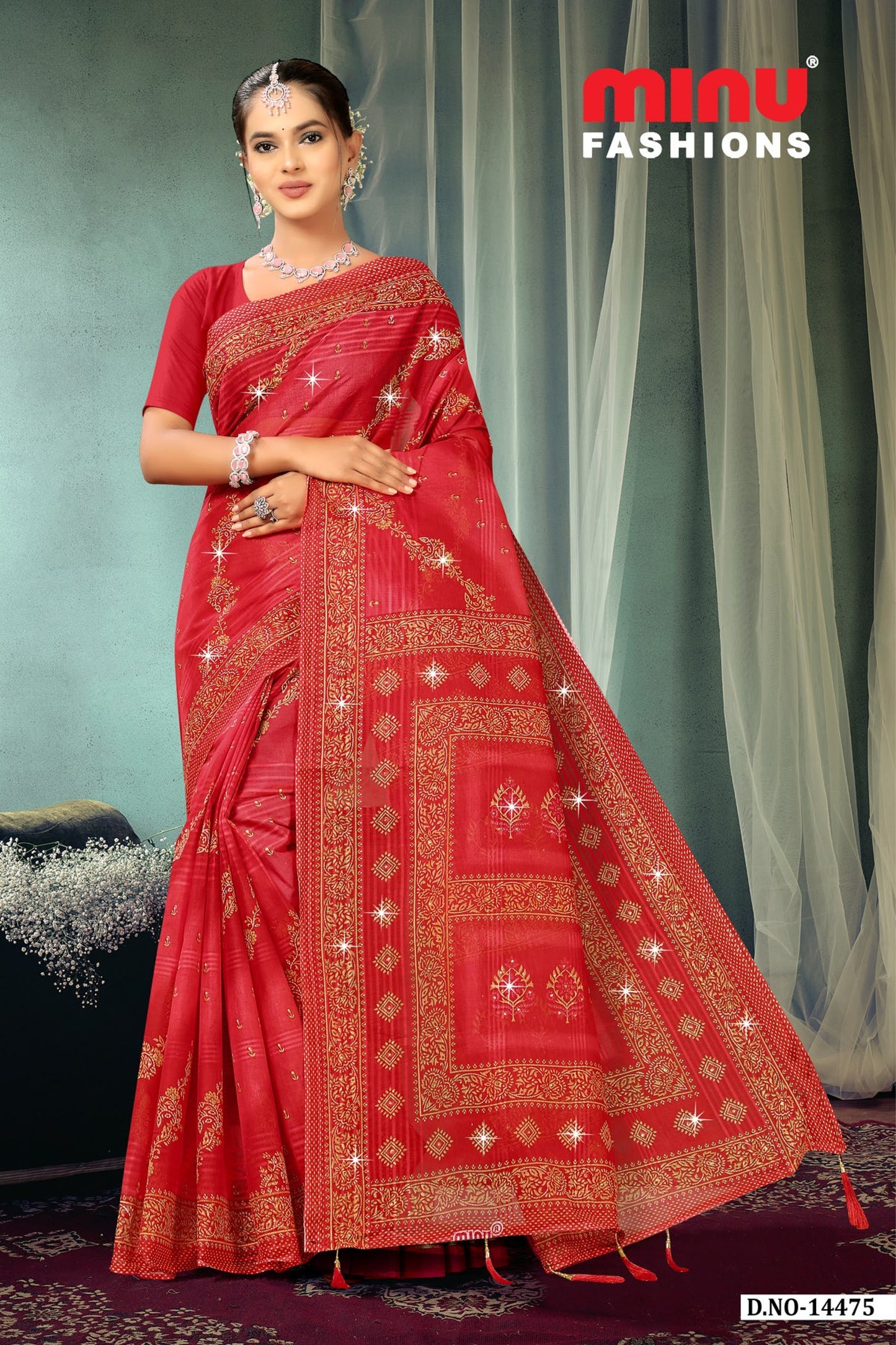 Pure Cotton Red Crown Jewel Color Embroidery Saree