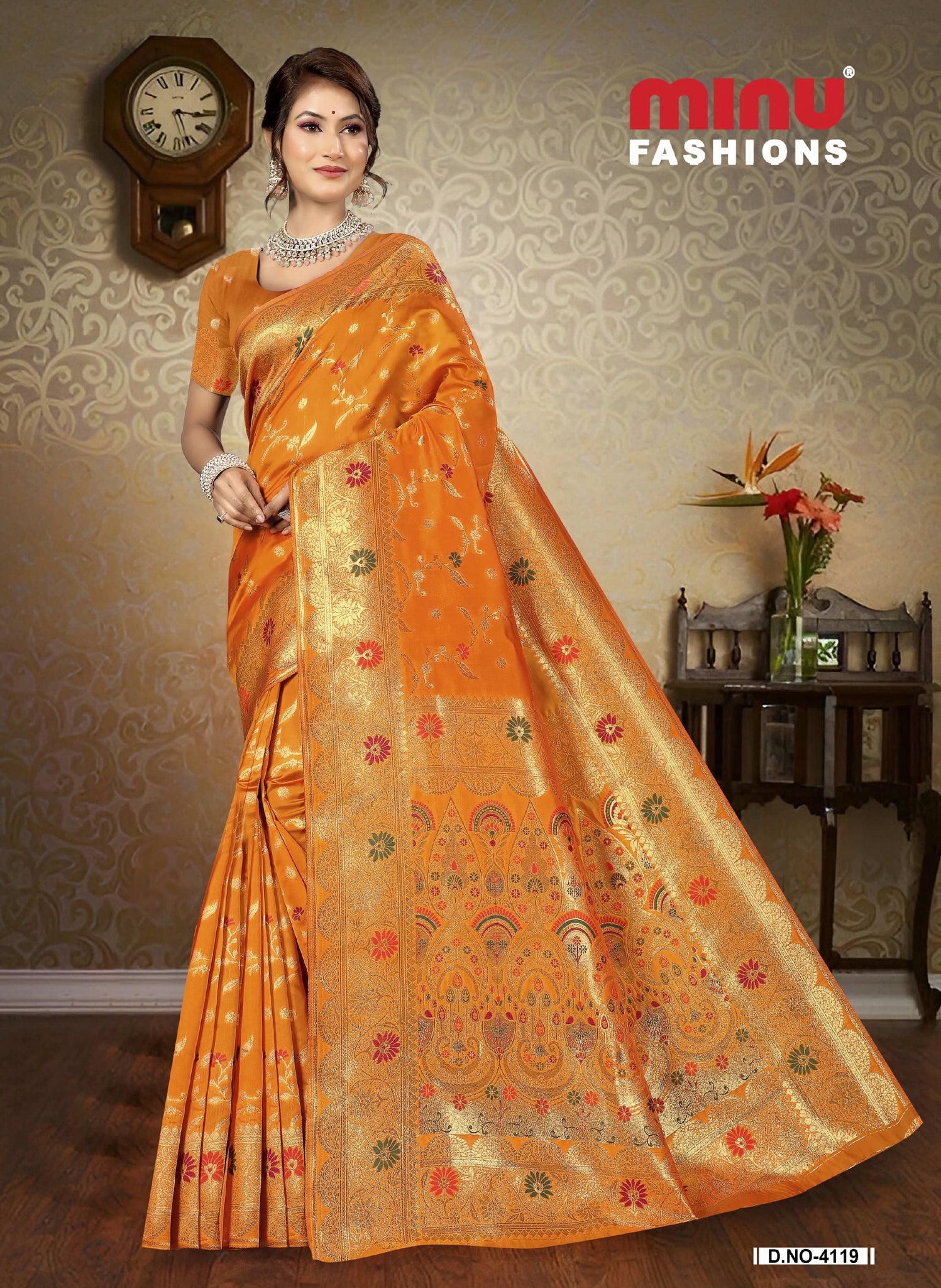 Silk Saree with blouse piece – traditional Indian saree for women orange