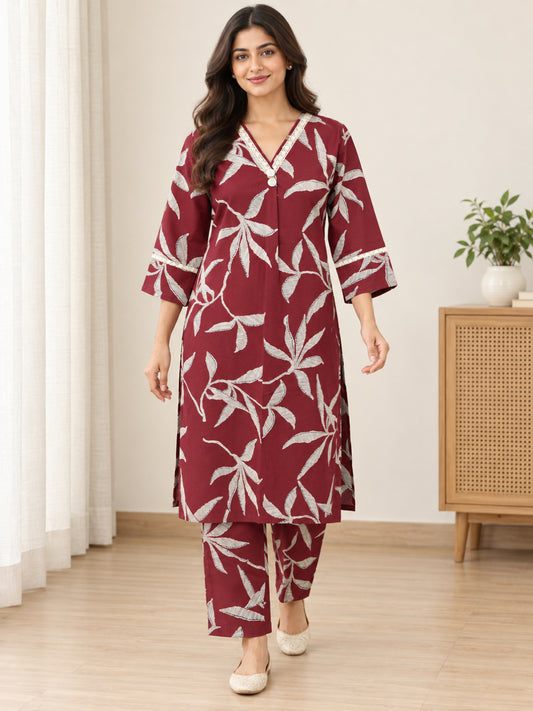 Anouk Luna Red Pure Cotton Digital Print Co-Ord Set for Women | V Neck Lace Work Straight Fit Top with Elasticated Waist Trouser