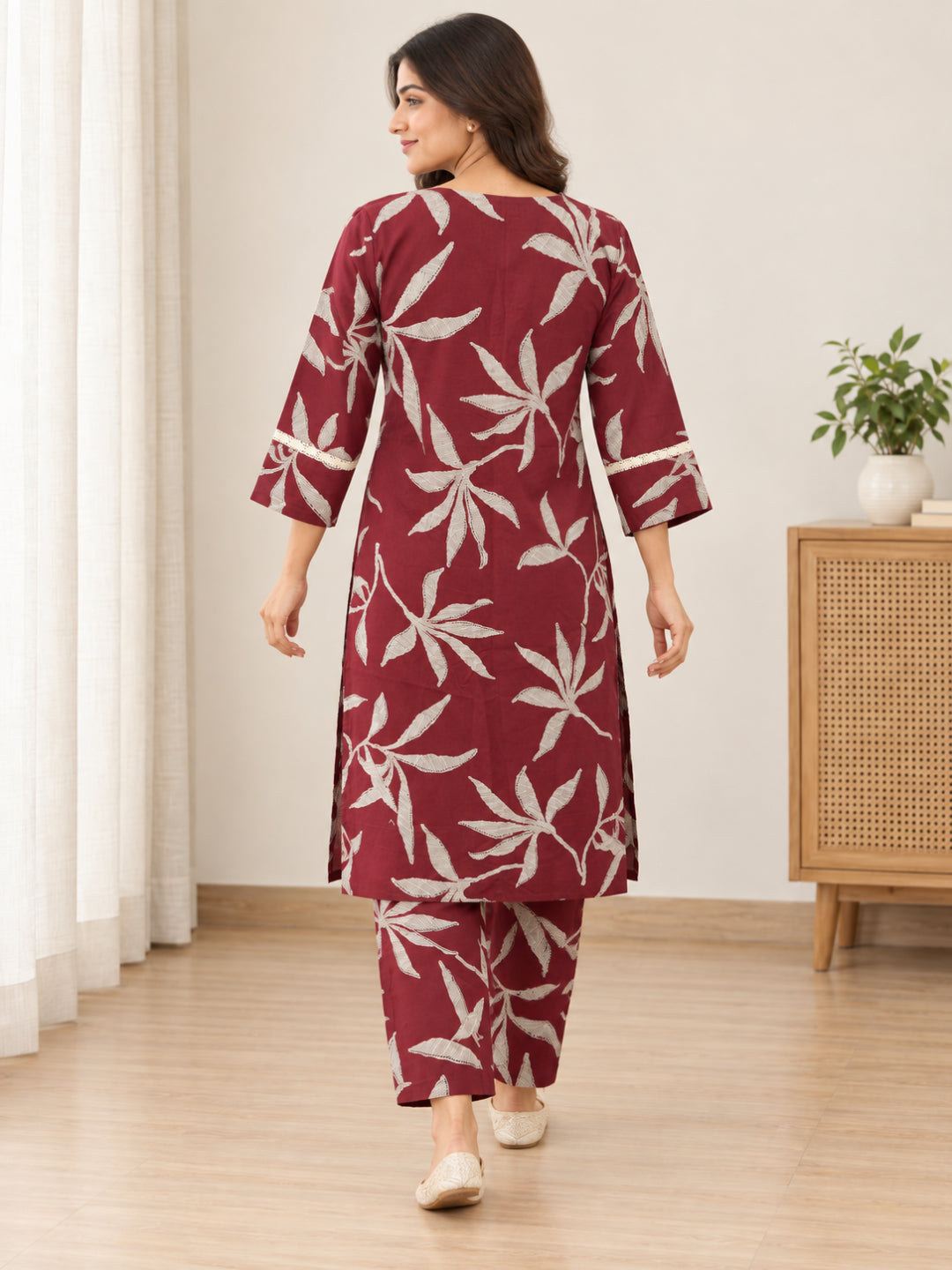 Anouk Luna Red Pure Cotton Digital Print Co-Ord Set for Women | V Neck Lace Work Straight Fit Top with Elasticated Waist Trouser