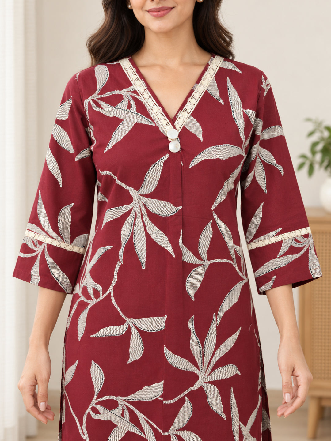 Anouk Luna Red Pure Cotton Digital Print Co-Ord Set for Women | V Neck Lace Work Straight Fit Top with Elasticated Waist Trouser