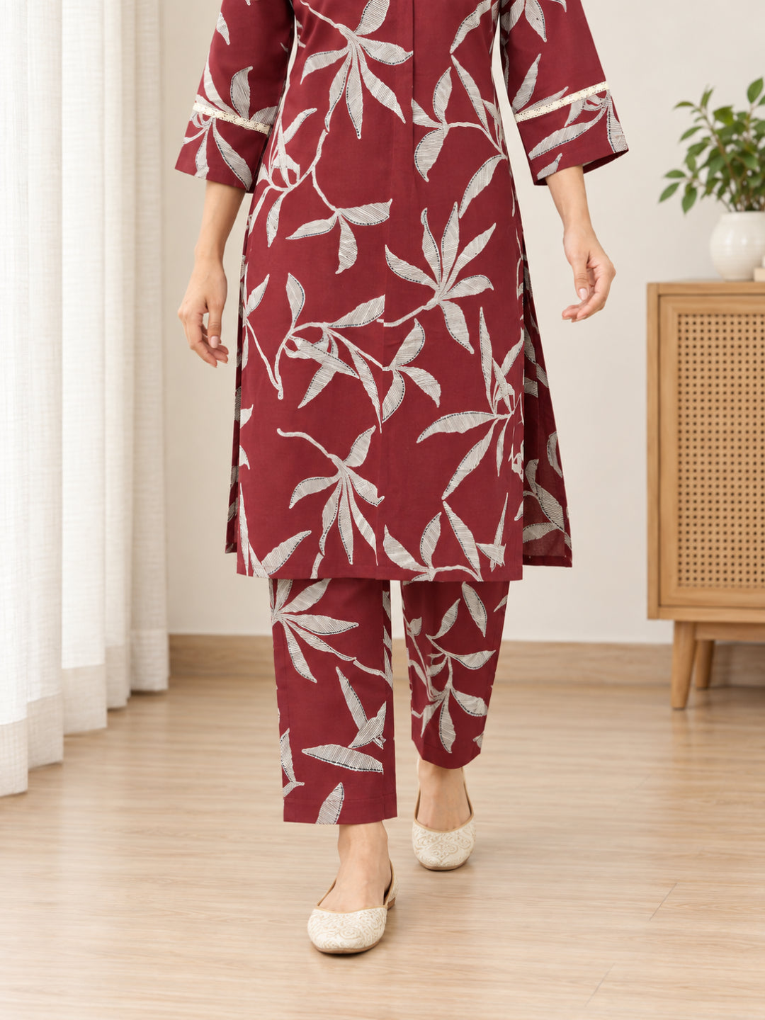 Anouk Luna Red Pure Cotton Digital Print Co-Ord Set for Women | V Neck Lace Work Straight Fit Top with Elasticated Waist Trouser