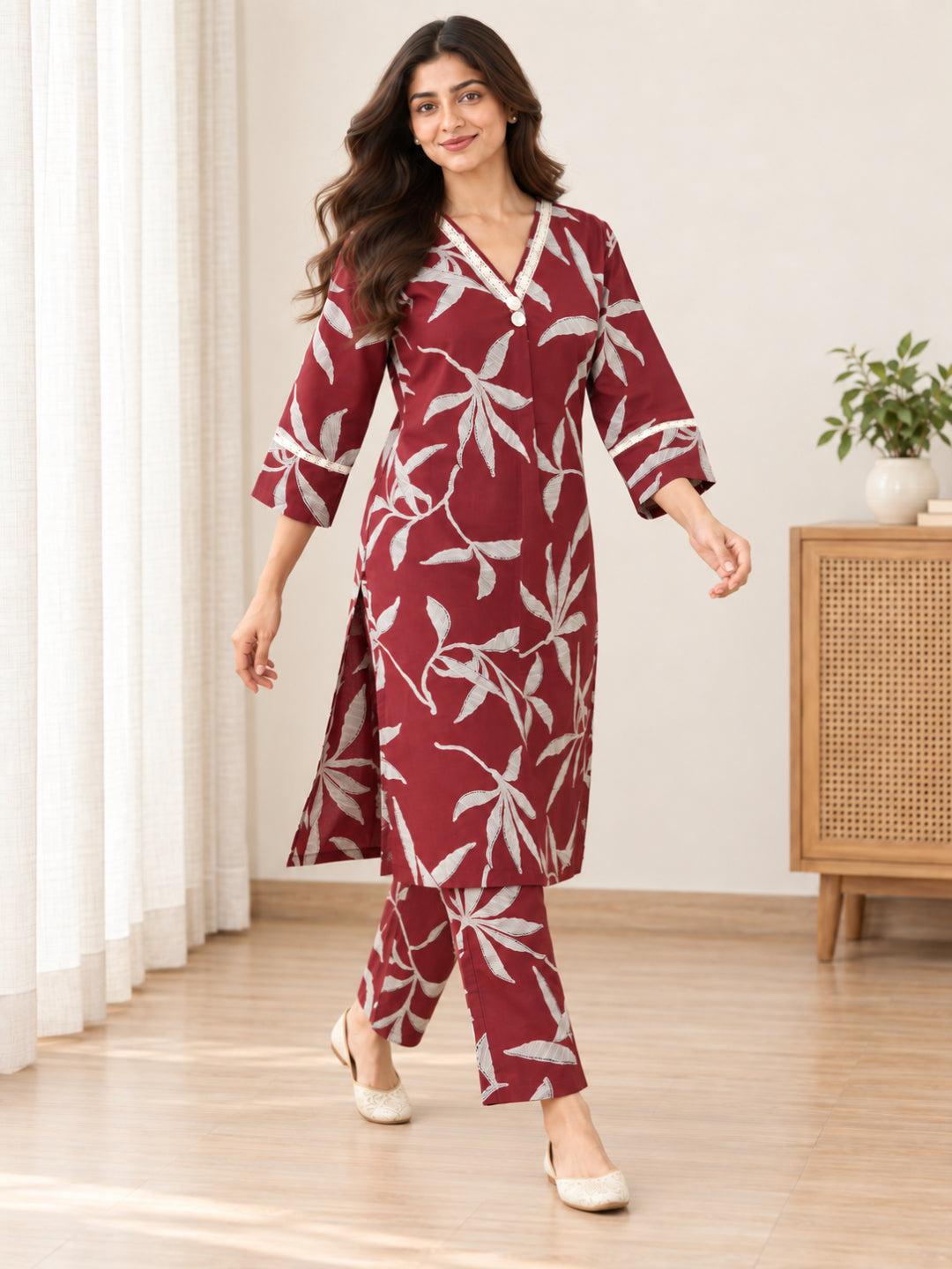 Anouk Luna Red Pure Cotton Digital Print Co-Ord Set for Women | V Neck Lace Work Straight Fit Top with Elasticated Waist Trouser
