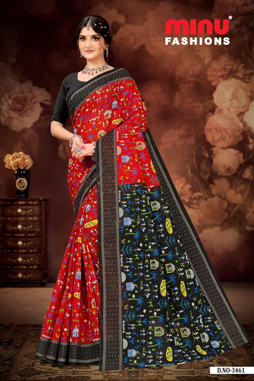 Boutique Special Gold Cotton Printed Red Saree