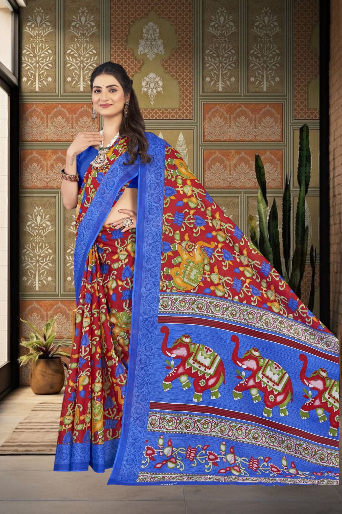 Rangat Cotton Printed Blue Border Saree 14687