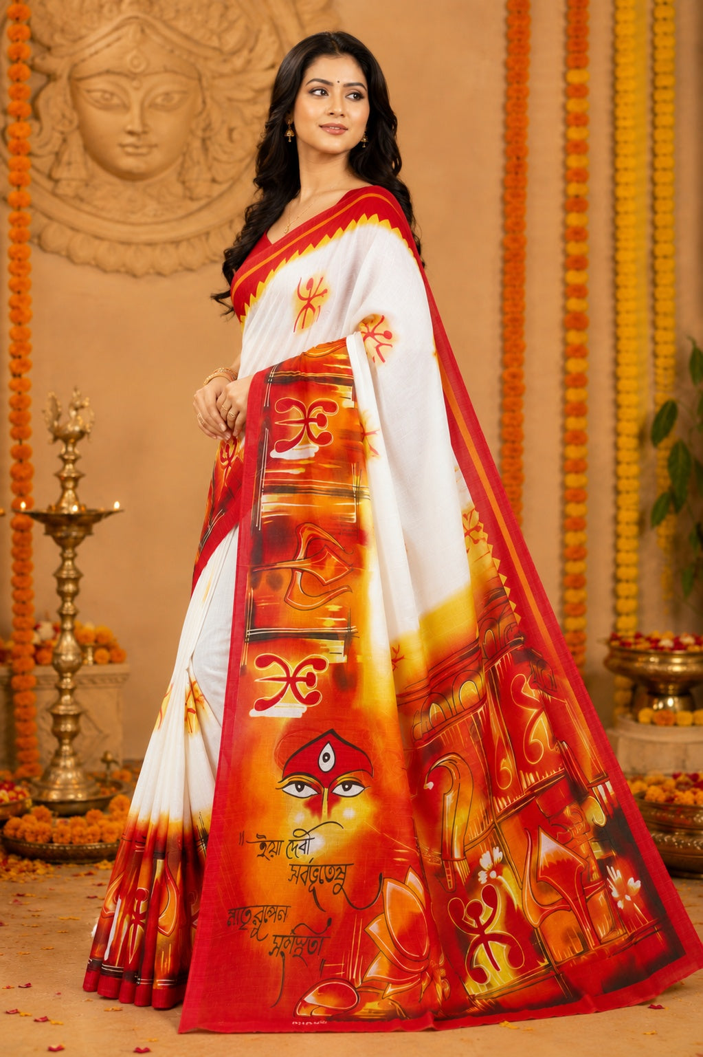 Minu | Women Durga Puja Special Multicolor Malai Cotton Folk Art Printed Saree