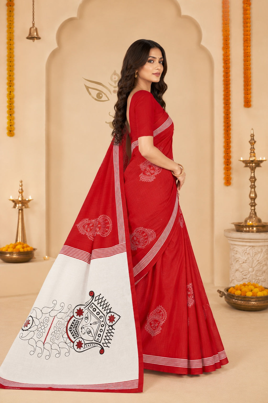 Minu | Women Red & White Durga Puja Special Folk Art Printed Saree