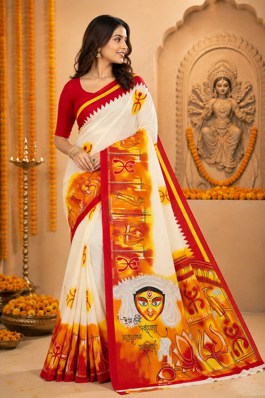 Minu | Women Durga Puja Special White Malai Cotton Folk Art Printed Saree