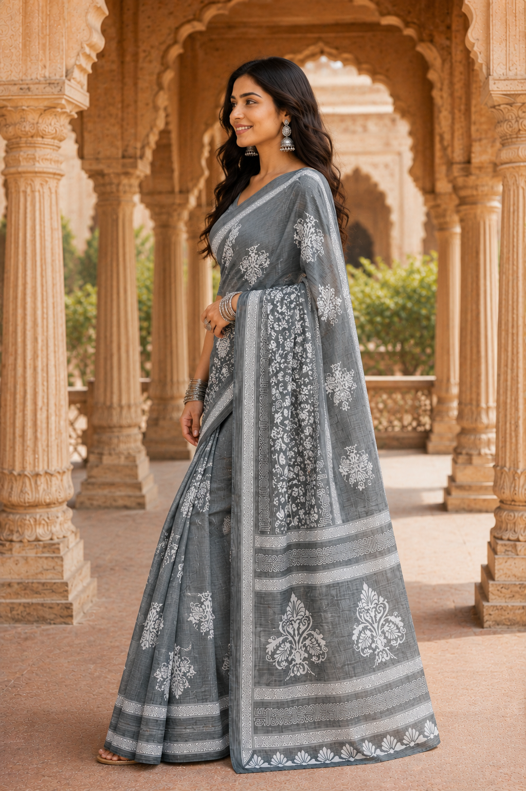 Women’s Pure Cotton Gray Floral Saree