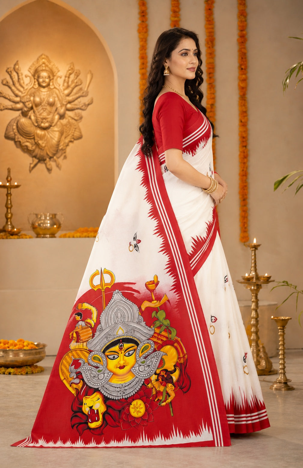 Minu | Women Durga Puja Special White Malai Cotton Folk Art Printed Saree with Red Border