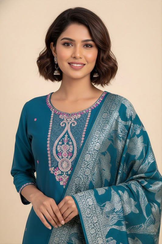 Woman wearing a blue traditional outfit with intricate patterns on a beige background