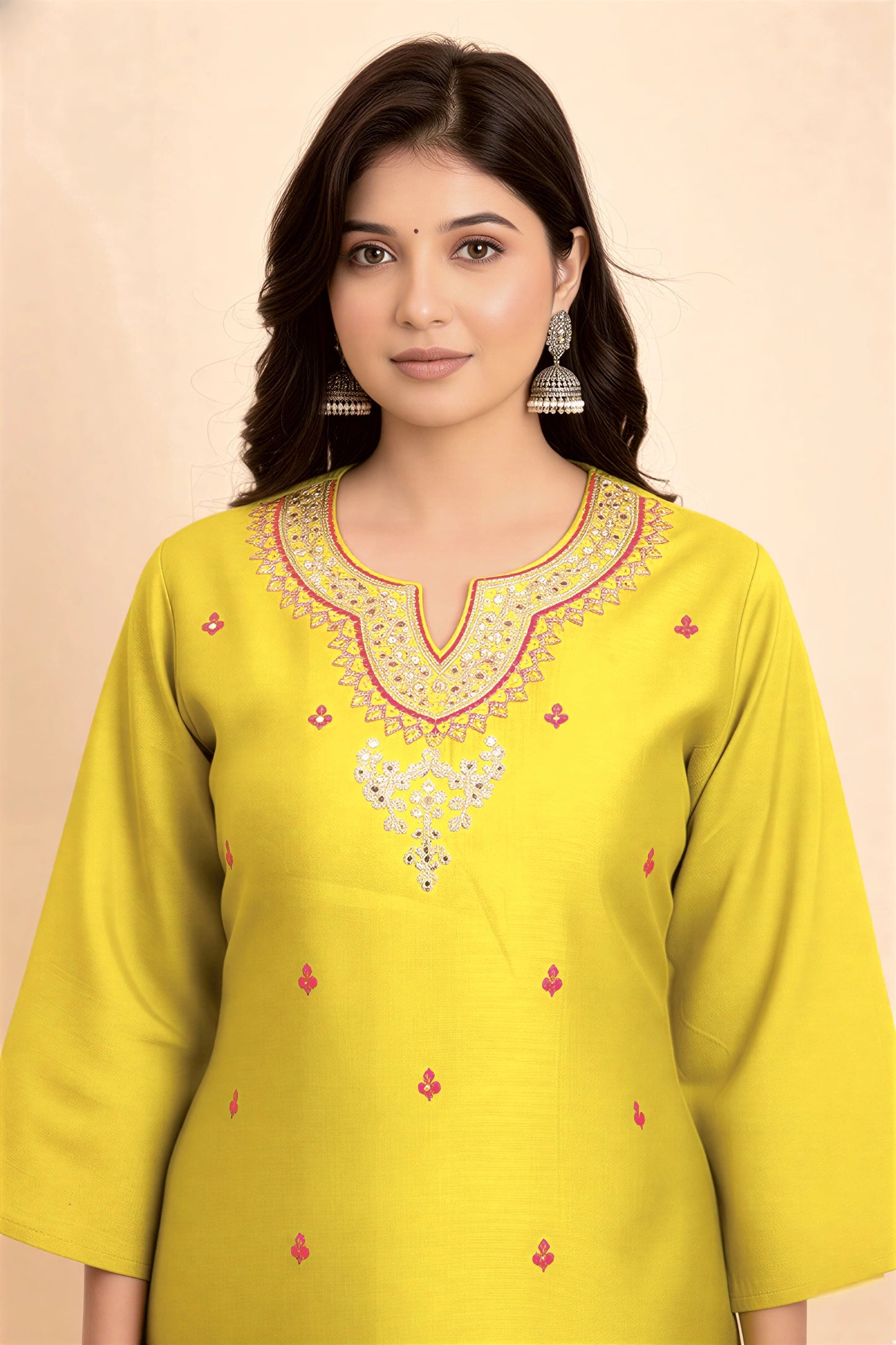 Woman wearing a yellow embroidered kurta against a beige background