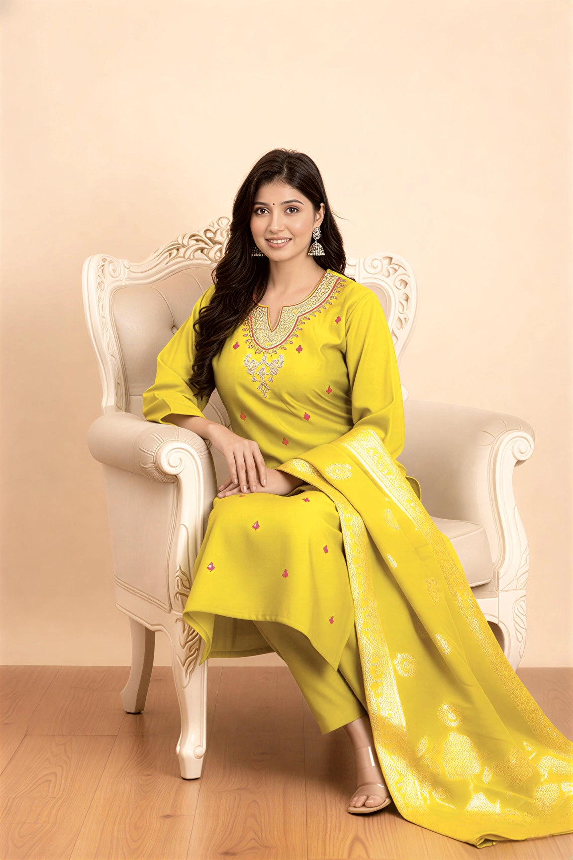 Woman in a bright yellow traditional outfit sitting on a white chair against a beige background