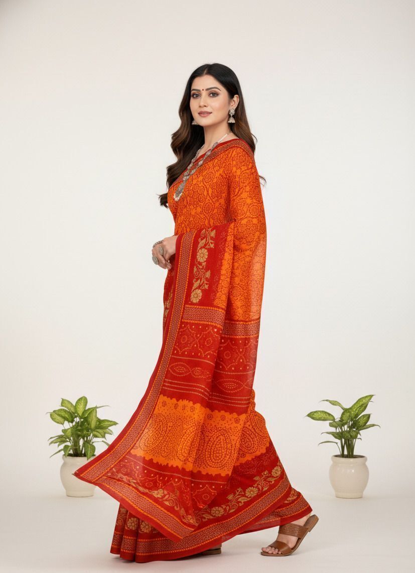 Humraaz Chunri Red & Orange Traditional Bandhani Print Saree