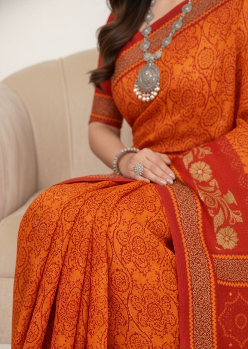 Humraaz Chunri Red & Orange Traditional Bandhani Print Saree
