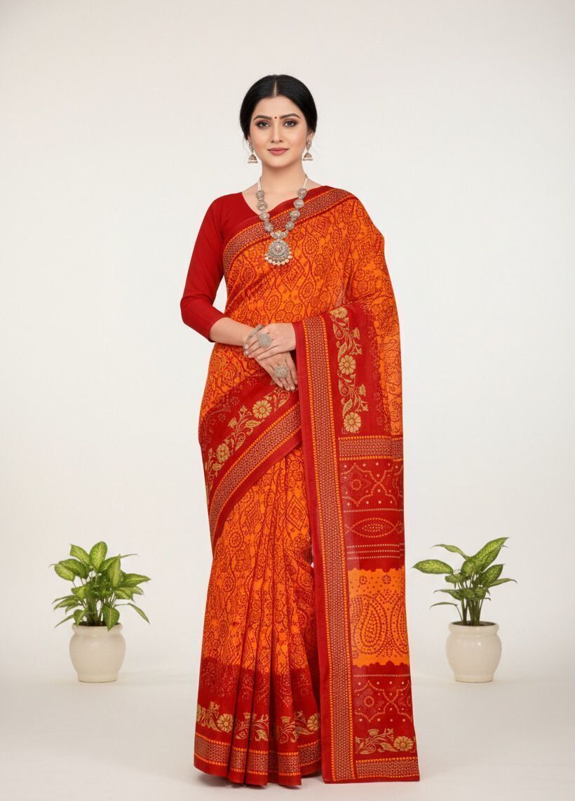 Humraaz Chunri Red & Orange Traditional Bandhani Print Saree