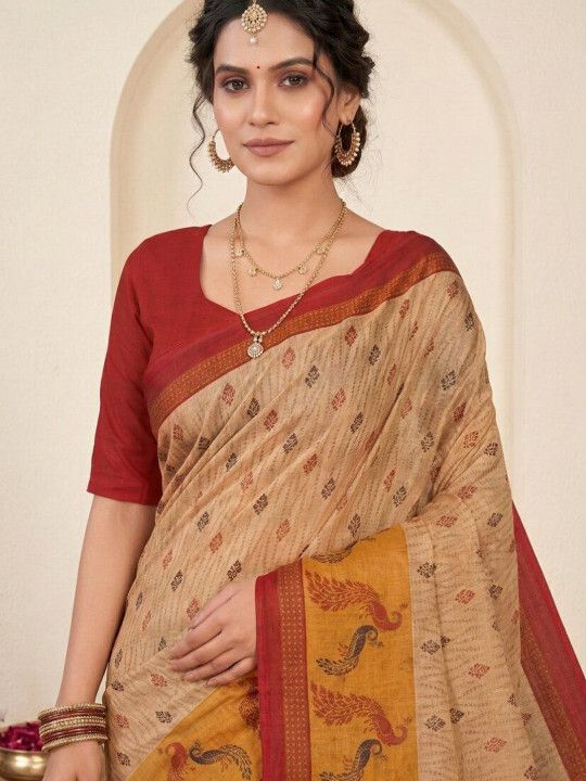 F Jiva Beige & Maroon Cotton Linen Peacock Print Saree