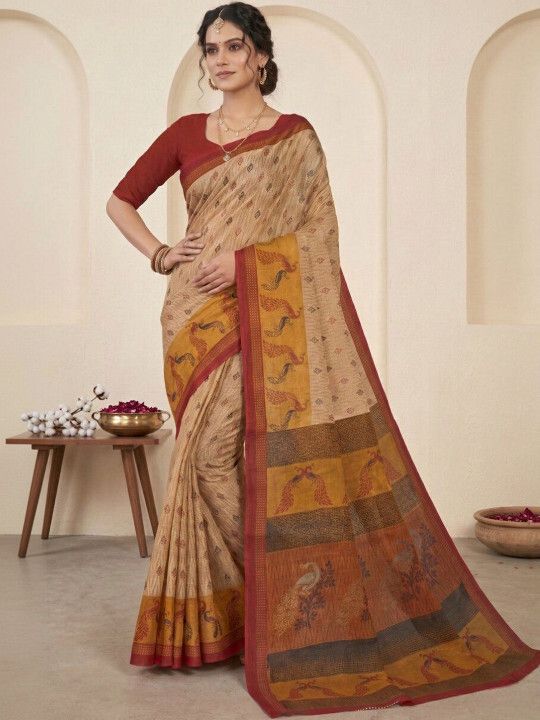 F Jiva Beige & Maroon Cotton Linen Peacock Print Saree