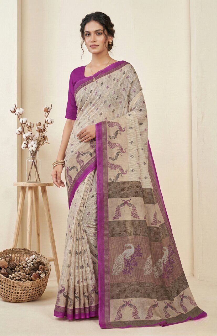 Jiva Beige & Purple Cotton Linen Peacock Print Saree