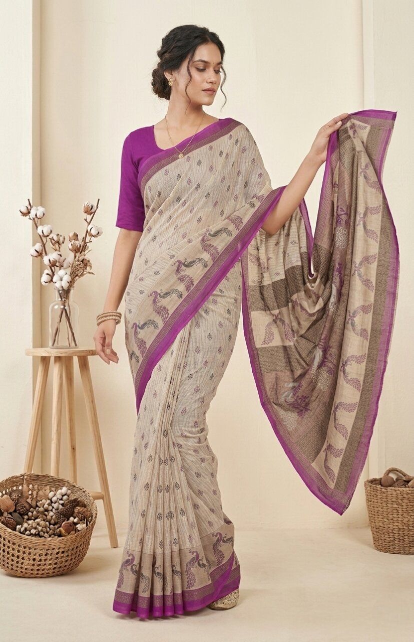Jiva Beige & Purple Cotton Linen Peacock Print Saree