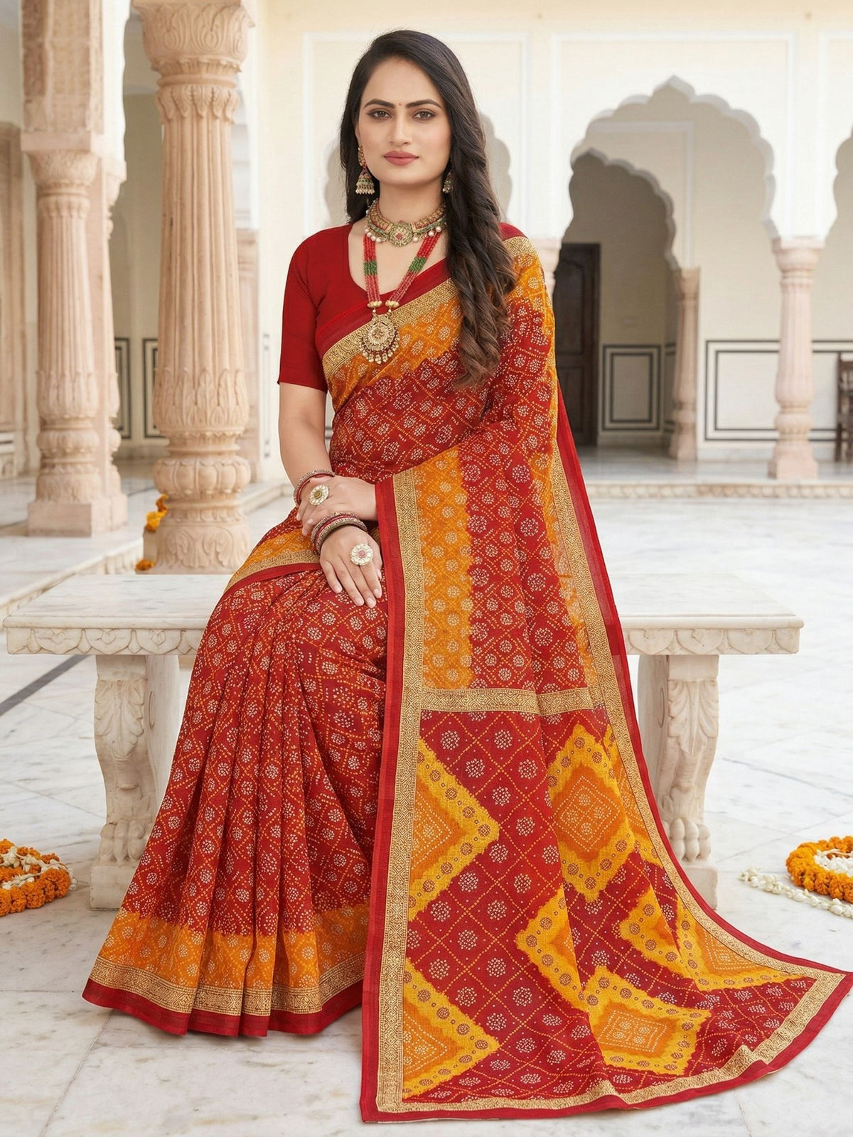 Mandakini Chunari Red Cotton Saree