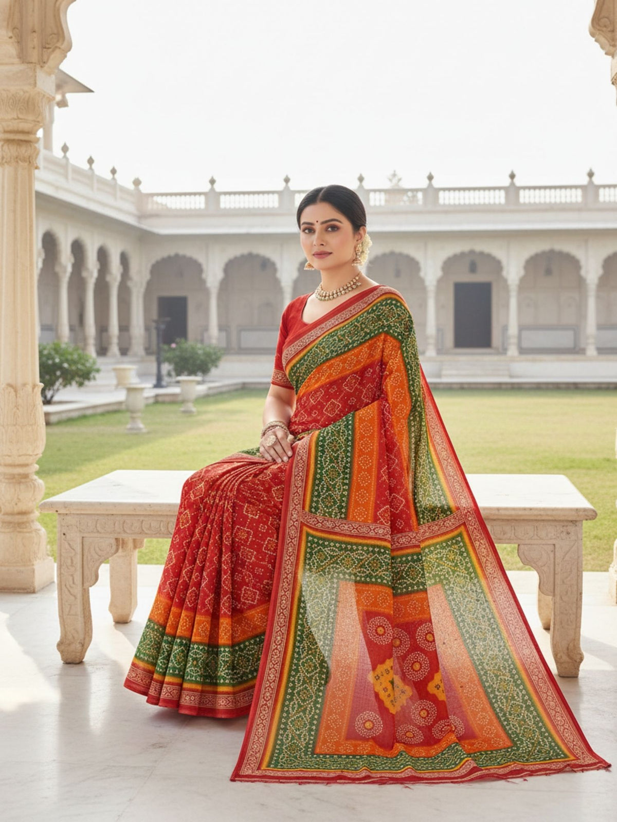 Mandakini Chunari Red, Green & Orange Multi-Color Bandhani Gharchola Saree