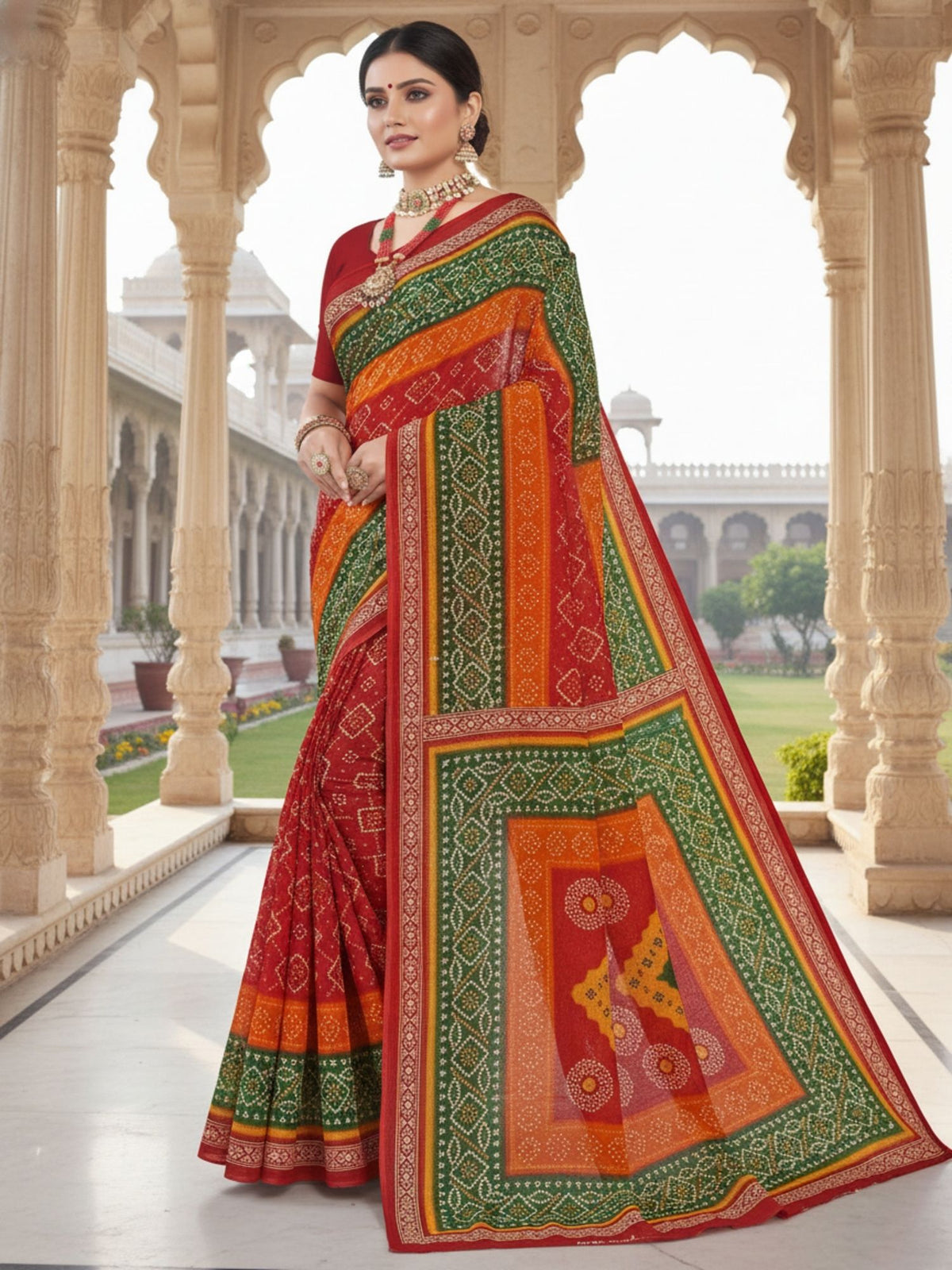 Mandakini Chunari Red, Green & Orange Multi-Color Bandhani Gharchola Saree