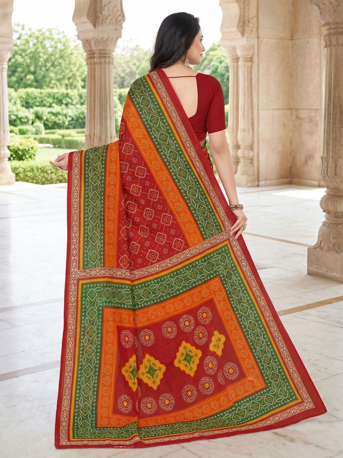 Mandakini Chunari Red, Green & Orange Multi-Color Bandhani Gharchola Saree