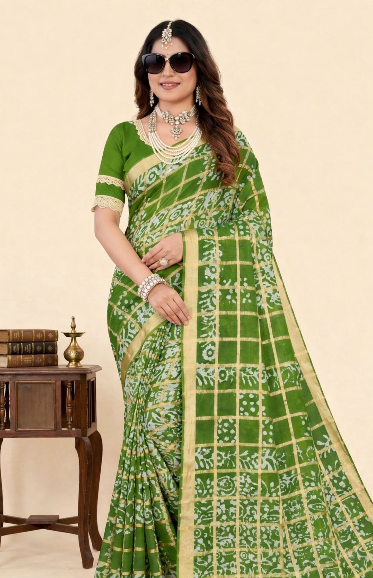 Jalwa Batik Green Cotton Premium Cotton Saree